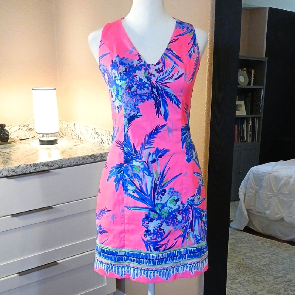 Lilly Pulitzer Sheath Dress Sleeveless Tropical Palm Floral Pattern Size 00